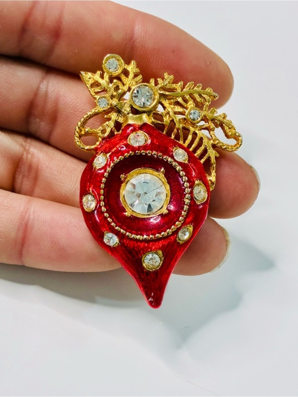 VTG Christmas Ornament Gold-Tone Brooch Cherry Red Enamel and Clear Crystals